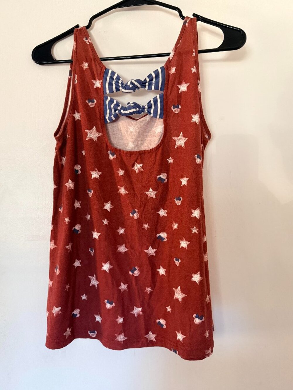 Authentic Disney Parks Minnie Mouse Patriotic Stars & Stripes Bow Back Tank Top.